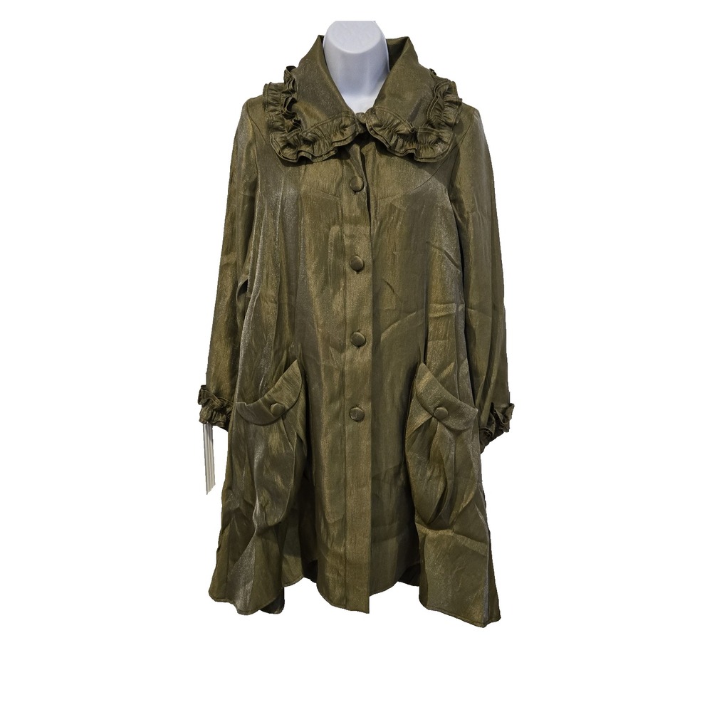I.C. by Connie K Women's Jacket Mid Length Iridescent Green Ruffled Collar Small